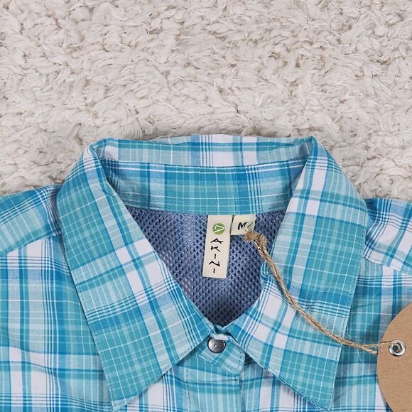 Dakini Plaid Boyfriend Shirt Womens Medium Green Stretch Hidden Side Pocket Snap - Picture 3 of 12